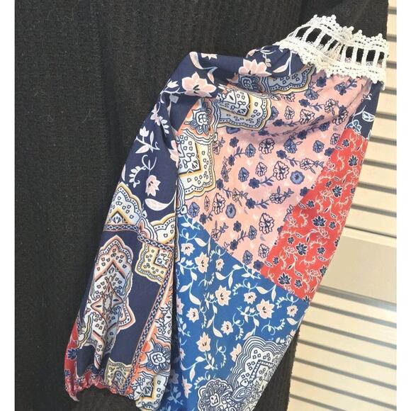 Miholl LARGE BLACK Waffle Knit Pullover V-Neck Statement Sleeve Boho Crochet - Picture 1 of 10